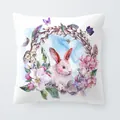 Watercolor Easter throw pillow cover featuring a cute rabbit with spring flowers and eggs - 18x18 Inch / Pink and White Rabbit with Cherry Blossom Ring (6801-16)