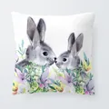 Decorative Easter throw pillowcase with watercolor rabbits and spring floral pattern - 18x18 Inch / Two Grey Rabbits with Purple Lilies (6801-17)