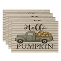 Cotton linen Thanksgiving placemats set of 4 featuring a vintage truck and pumpkins design - Hello Pumpkin Truck Style (CD22924 -57) / 32*45CM (4 Pieces/Pack)