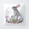 Premium Easter throw pillowcase featuring a watercolor rabbit and colorful eggs design - 18x18 Inch / Grey Rabbit with Eggs and Feather Decor (6801-19)