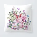 Easter decorative throw pillow cover with artistic watercolor rabbit and spring flowers - 18x18 Inch / Pink and White Rabbit with Lily of the Valley (6801-21)