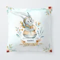 Watercolor Easter bunny pillowcase with floral wreath design and Happy Easter text. - 18x18 Inch / Rabbit Holding a Bouquet (6801-23)