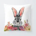 Watercolor rabbit pillow cover with pink floral accents for Easter home sofa decor - 18x18 Inch / Realistic Grey Rabbit with Floral Base (6801-24)
