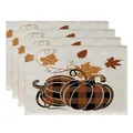 Pack of 4 Thanksgiving cotton linen placemats with buffalo plaid pumpkin design. - Buffalo Plaid Pumpkin Maple Leaf Style (CD22924 -67) / 32*45CM (4 Pieces/Pack)