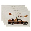 Set of 4 autumn harvest cotton linen placemats with pumpkin truck and Hello Fall design - Vintage Plaid Truck Hello Autumn Style (CD22924 -68) / 32*45CM (4 Pieces/Pack)