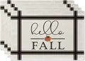 Set of four cream cotton linen placemats featuring a rustic Hello Fall pumpkin design - Plaid Border Orange Pumpkin Style (NG2293-5) / 32*45CM (4 Pieces/Pack)