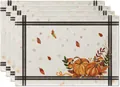 Set of 4 harvest Thanksgiving placemats featuring pumpkin and maple leaf designs on linen fabric - Plaid Border Pumpkin Maple Leaf Style (NG2293-6) / 32*45CM (4 Pieces/Pack)