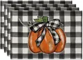 Set of 4 linen Thanksgiving placemats featuring a stylish buffalo plaid pumpkin design - Buffalo Plaid Bow Large Pumpkin Style (NG2293-7) / 32*45CM (4 Pieces/Pack)