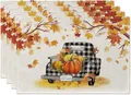 Autumn harvest placemat set of 4 with pumpkin truck pattern in cotton linen fabric - Plaid Pickup Truck Loaded with Pumpkins Style (NG2293-8) / 32*45CM (4 Pieces/Pack)