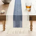 Boho rustic blue and cream linen table runner with hollow lace trim and long tassels - 30x90cm / Blue