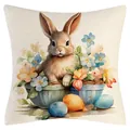 Osterhasen Kissenbezug Dekokissen mit Aquarell Kaninchen und bunten Ostereiern - Osterhasen-Stil (YM250118-24) / 45*45cm (Nur Bezug)