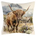 Funda de cojín decorativa de lino con arte de acuarela de vaca de las tierras altas. - Vaca de las Tierras Altas Cabaña Montaña Nevada (YM251103-5) - Estilo Súper Suave / 45x45cm (Sin Relleno)