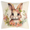 Watercolor bunny and floral Easter throw pillowcase in linen texture for sofa decor - Brown Rabbit with Floral Crown (YM250118-40) / 45x45cm