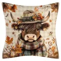 Highland cow autumn decorative linen pillowcase with seasonal maple leaves pattern - Highland Cow Style Ten / 45x45cm