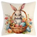 Hochwertiger Osterhasen-Kissenbezug mit Aquarell-Illustration von Hase und bunten Eiern - Osterhasen-Stil (YM250118-25) / 45*45cm (Nur Bezug)