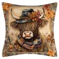 Square linen pillowcase featuring an autumn Highland cow illustration with flowers - Highland Cow Style Eleven / 45x45cm