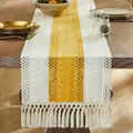 Yellow and cream woven cotton linen table runner with elegant decorative tassels - 30x90cm / Yellow