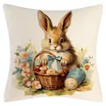 Osterhasen-Kissenbezug dekoriert mit Aquarell-Kaninchen und buntem Eierkorb Motiv - Osterhasen-Stil (YM250118-26) / 45*45cm (Nur Bezug)