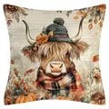 Highland cow autumn throw pillow cover with rustic linen print and seasonal pumpkin detail - Highland Cow Style Twelve / 45x45cm