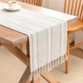 Nordic style grey striped cotton linen table runner featuring elegant decorative tassels - Nordic Striped Jacquard Style (ZQ260603-3) / 33x120cm / Gray