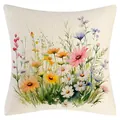 Sofakissenbezug mit buntem Frühlings-Wildblumen-Aquarellmuster und beige Leinentextur - 45x45cm / Beige Floral Stil (YM250116-7)