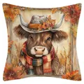 Decorative Highland cow throw pillow cover featuring autumn leaves hat and plaid scarf print - Highland Cow Style Thirteen / 45x45cm