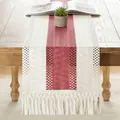 Boho rustic red and cream linen table runner with woven tassels for dining table decor - Rose Red