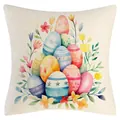 Easter cushion cover featuring vibrant watercolor eggs and spring flowers, linen texture. - Watercolor Hand-Painted Stacked Eggs (YM250118-44) / 45x45cm