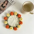 Handmade crochet rose coaster featuring orange and cream flowers for home decor gift. - Handmade Crochet Rose (Orange Yellow) / Orange & Yellow