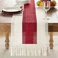 Red and beige boho linen table runner with elegant tassels for Christmas dining room - Red