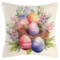 Easter decorative pillowcase with watercolor egg and floral print for sofa decor - Easter Eggs in Nest with Purple Flowers (YM250118-45) / 45x45cm