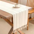 Boho cream white knitted cotton linen table runner with delicate tassels and stripes - 33x120cm / Off White