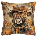 Highland cow autumn themed linen throw pillow cover featuring hat and scarf details - Highland Cow Style Fifteen / 45x45cm