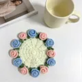 Handmade crochet rose coaster with pink and blue yarn flowers for table decoration - Handmade Crochet Rose (Pink Blue) / Pale Blue
