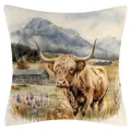 Funda de cojín decorativa con estampado de vaca de las Highlands estilo acuarela - Ilustración de Vaca de las Tierras Altas (YM251103-10) - Estilo Súper Suave / 45x45cm (Sin Relleno)