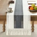 Boho farmhouse linen table runner with blue stripes and tassels for dining room - Gray