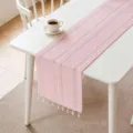Nordic style pink cotton linen table runner with elegant white stripes and decorative tassels - Nordic Jacquard Tassel Style (ZQ260603-6) / 33x120cm / Pink