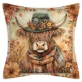 Autumn Highland cow print linen pillowcase with floral hat and scarf illustration - Highland Cow Style Sixteen / 45x45cm