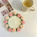 Handmade crochet rose coaster with delicate pink and orange knitted flowers for home decor - Handmade Crochet Rose (Pink) / Pink