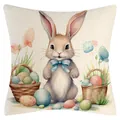 Easter throw pillow cover featuring cute bunny and watercolor eggs design on linen texture - Rabbit with Blue Bow and Egg Baskets (YM250118-48) / 45x45cm