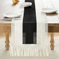 Modern farmhouse bicolor table runner with black and cream stripes and decorative tassels - Black