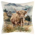 Funda de cojín decorativa de estilo lino con acuarela de vaca de las Tierras Altas - Ilustración de Vaca de las Tierras Altas (YM251103-2) - Estilo Súper Suave / 45x45cm (Sin Relleno)
