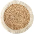 Natural straw woven placemat with white fringe trim for table heat protection - Diameter 30cm
