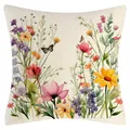 Kissenbezug aus Leinen mit buntem Frühlings-Aquarell-Wildblumen- und Schmetterlingsdruck - 45x45cm / Beige Floral Stil (YM250116-14)