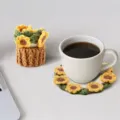 Handmade crochet sunflower coaster set with matching yarn storage pot for cozy home decor - Sunflower Style (CD260616---1) / Ginger/Grass Green