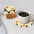 Handmade crochet daisy flower coaster and matching knitted miniature potted plant set - Pastoral Floral Style (CD260616---13) / Yellow Orange Green Brown