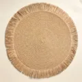 Round natural straw braided placemat with decorative tassel fringe border - Diameter 38cm / Camel