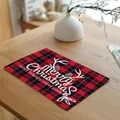 Red plaid Christmas table placemat with white reindeer antlers and greeting text - Wishes Style (20024-2) / 32x45cm