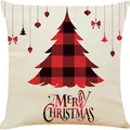 Festlicher Weihnachtskissenbezug aus Leinen mit rotem Karo-Baum und Merry Christmas Motiv - Beige Karomuster Weihnachtsbaum
