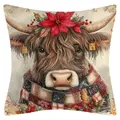 Weihnachtlicher Highland-Kuh-Kissenbezug mit rotem Weihnachtsstern und Karo-Schal - Hochlandrind Variante 13 (YM250618--13)